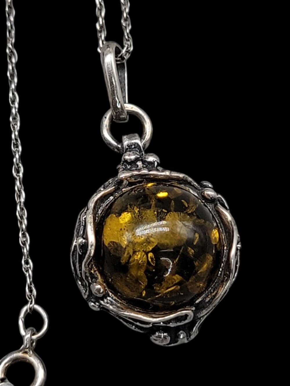 Sterling Silver Ornate Baltic Amber Pendant Necklace 925 Setting 18" Cable Chain - Picture 10 of 16